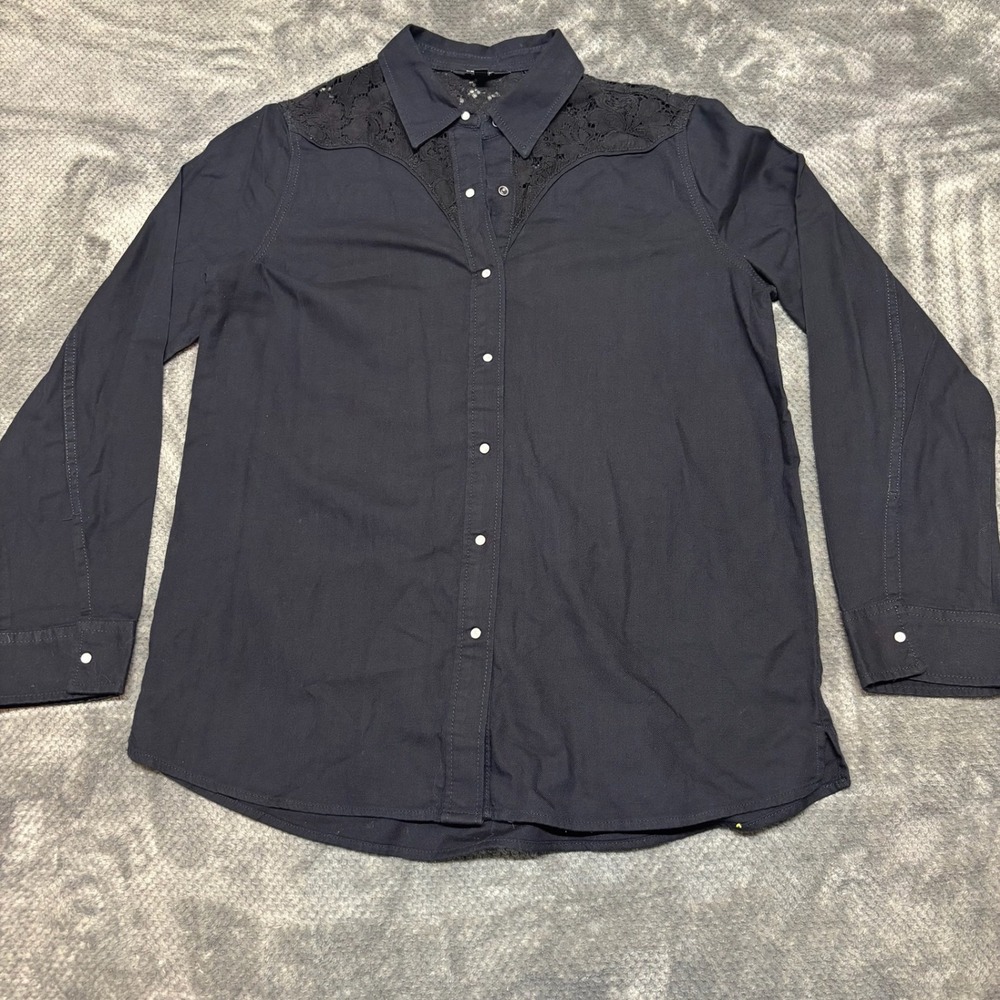 Express Black Lace‎ Shoulder Western Button Down Shirt Womens Medium Long Sleeve